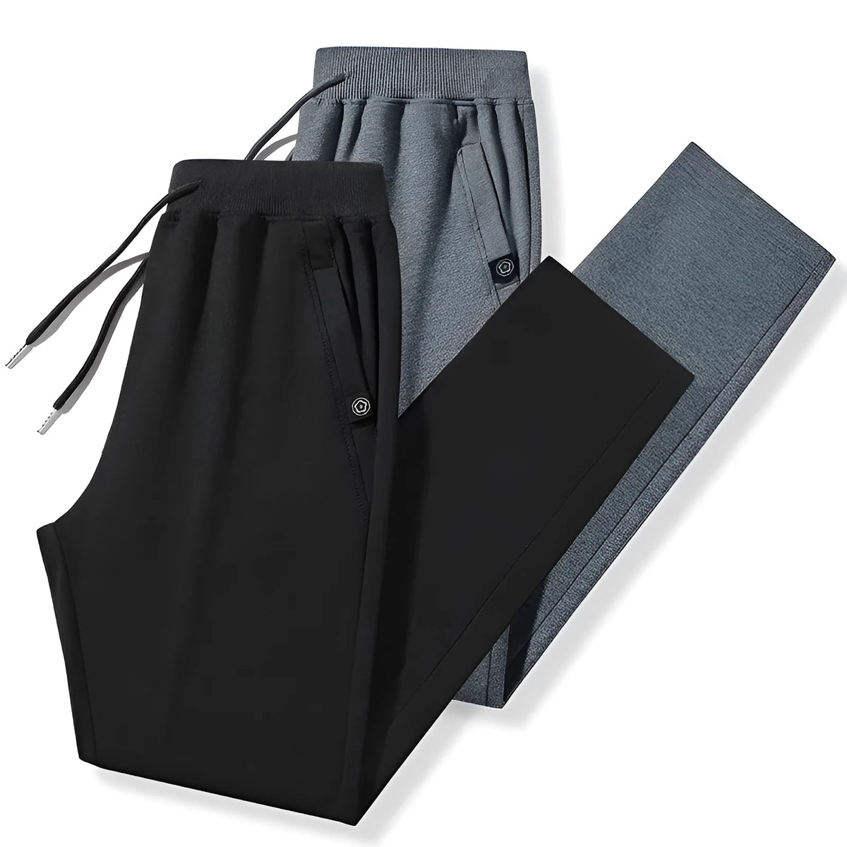 Plum Label men's large size casual sweatpants in flat black cotton knit with drawstring waist and skinny leg