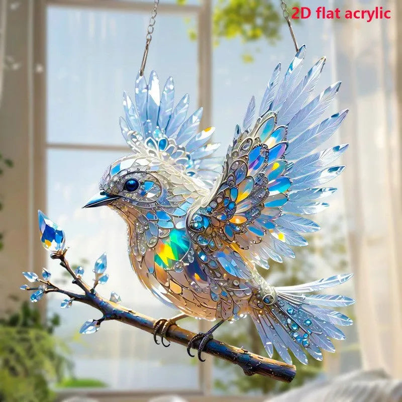 Cartoon style bird pendant ornament made from UV-printed acrylic on a square cardboard backing.