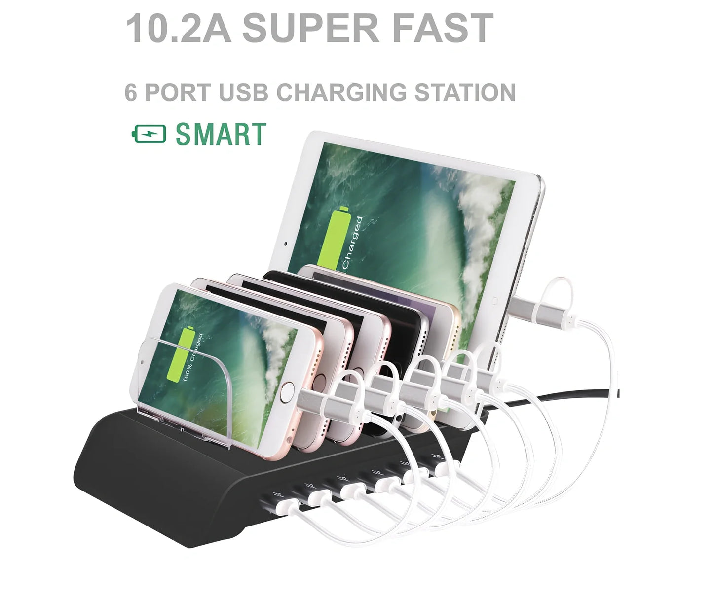 Six-port USB mobile phone charging stand with black finish showing six device slots and 150cm power cord