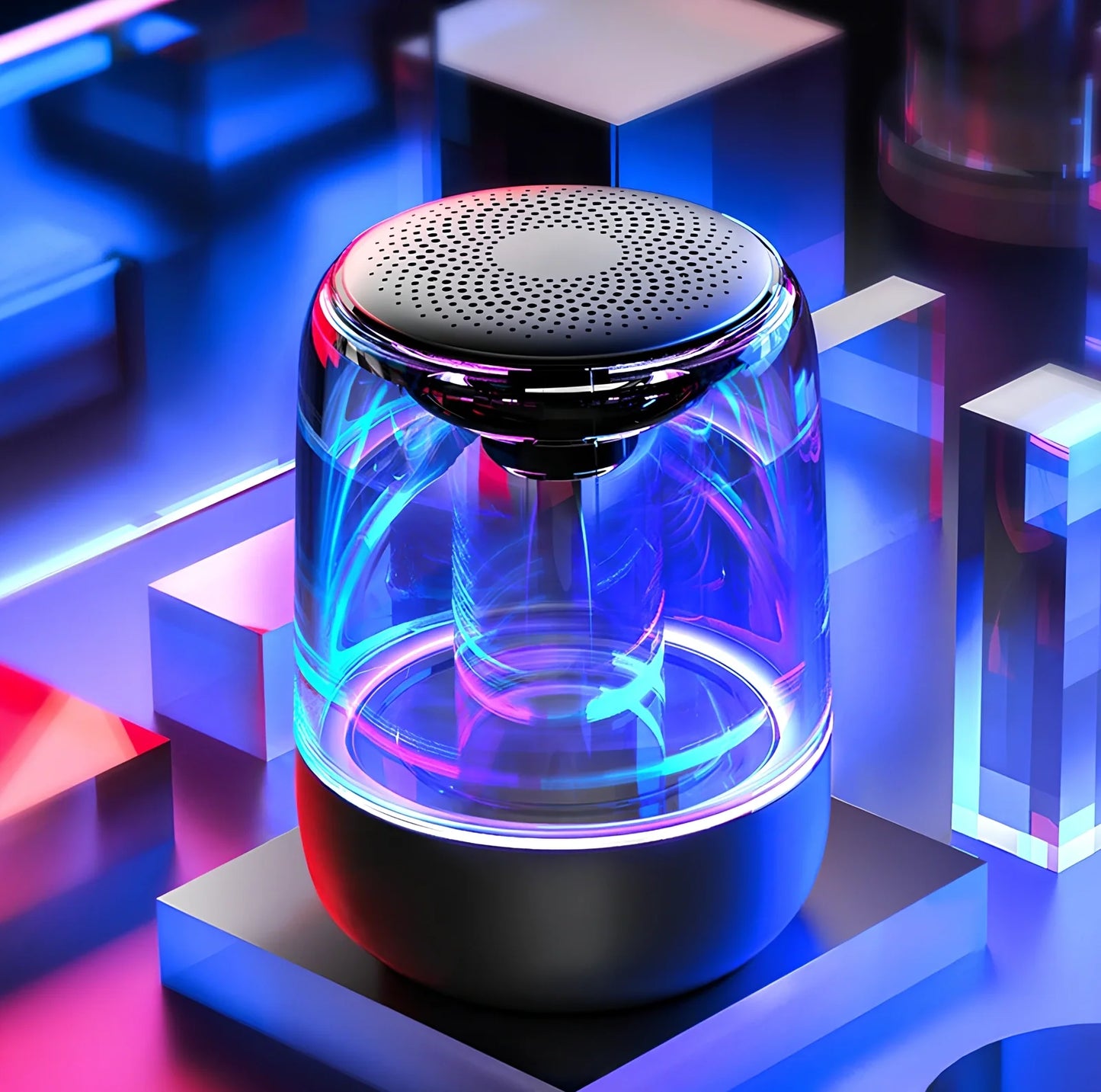 C7 wireless speaker showing colourful rhythm lights and compact 68x90mm design