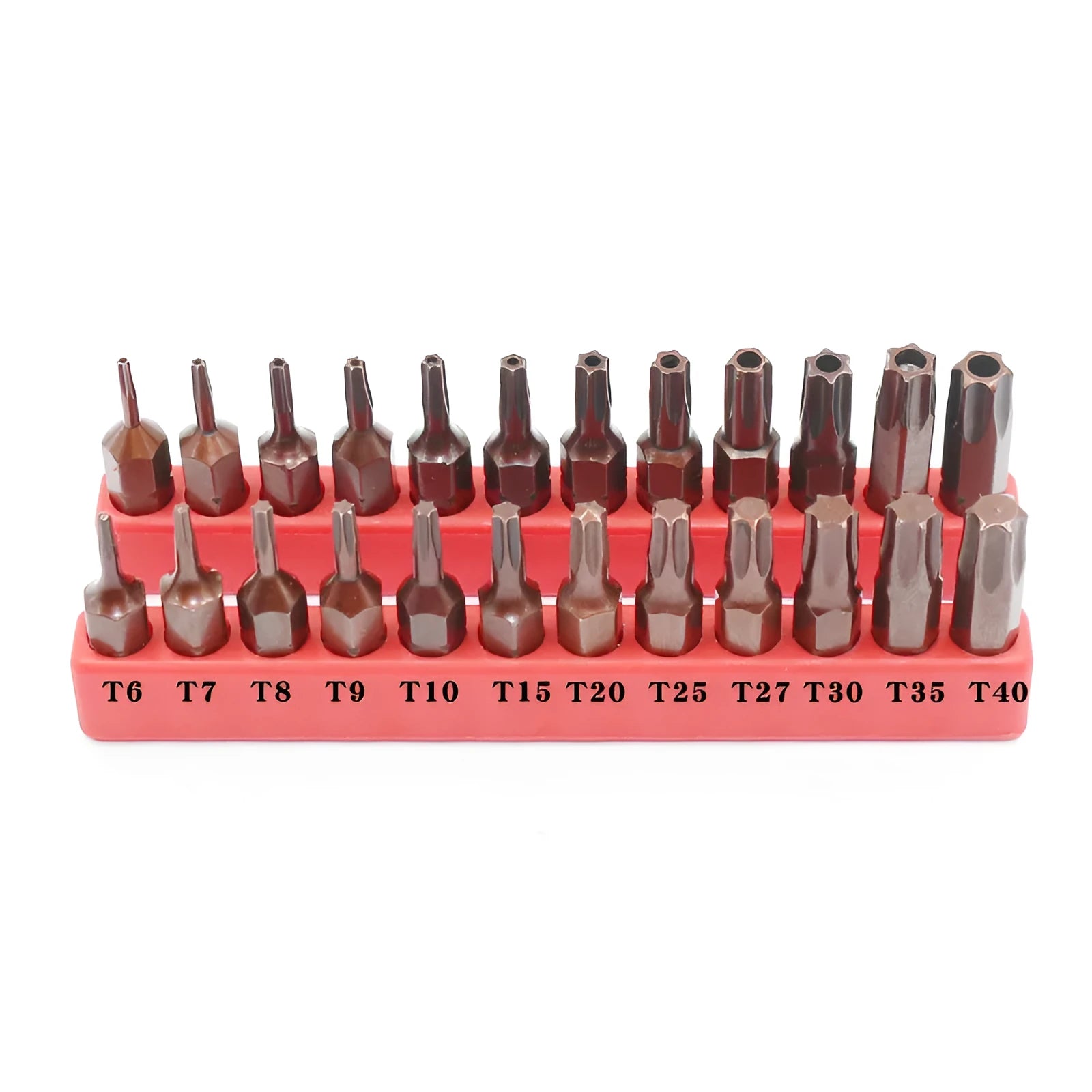 Black steel screwdriver bit set with magnetic tips showing T6 to T40 sizes, hollow and solid hex styles.