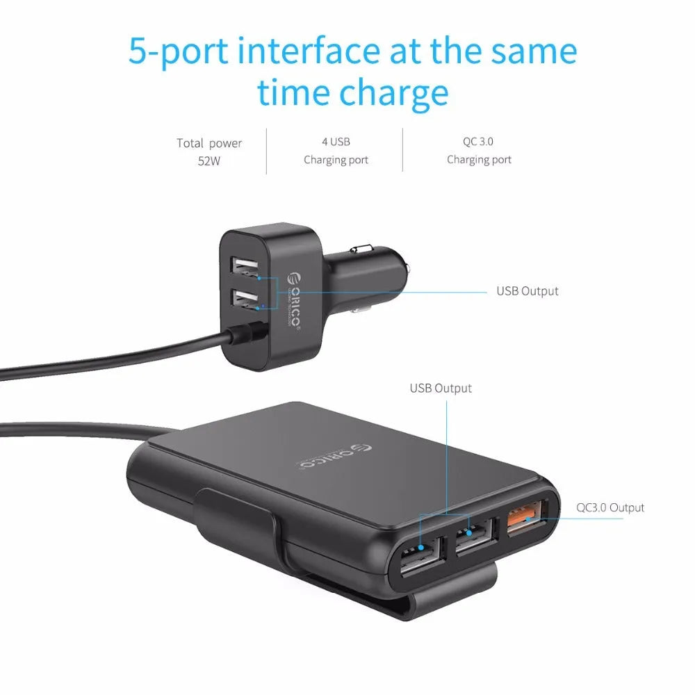 ORICO 5-port QC3.0 car charger with expander, black, 52W output, 1.8m cable