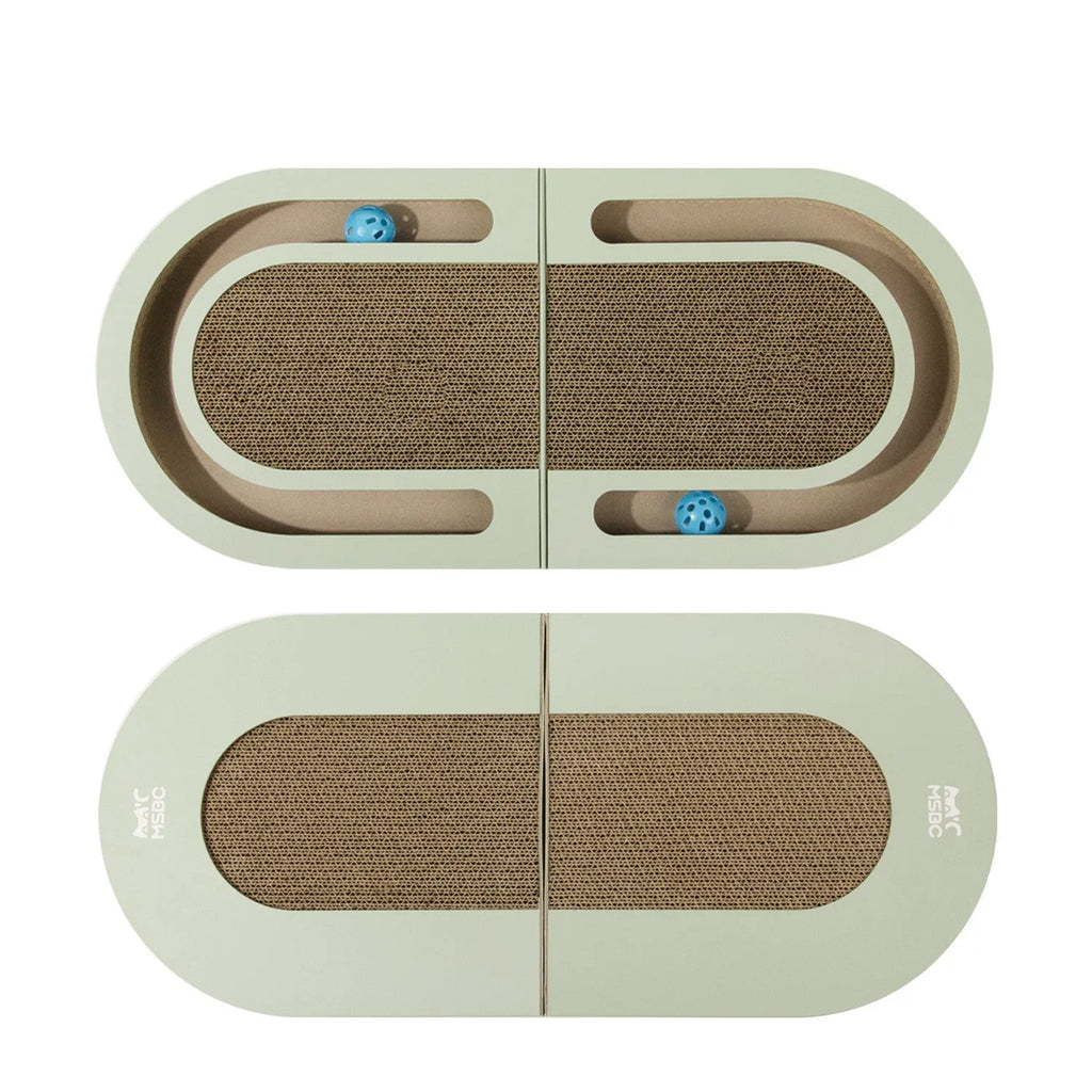 Green corrugated paper folding cat grab board with ball, L660xW300xH42mm