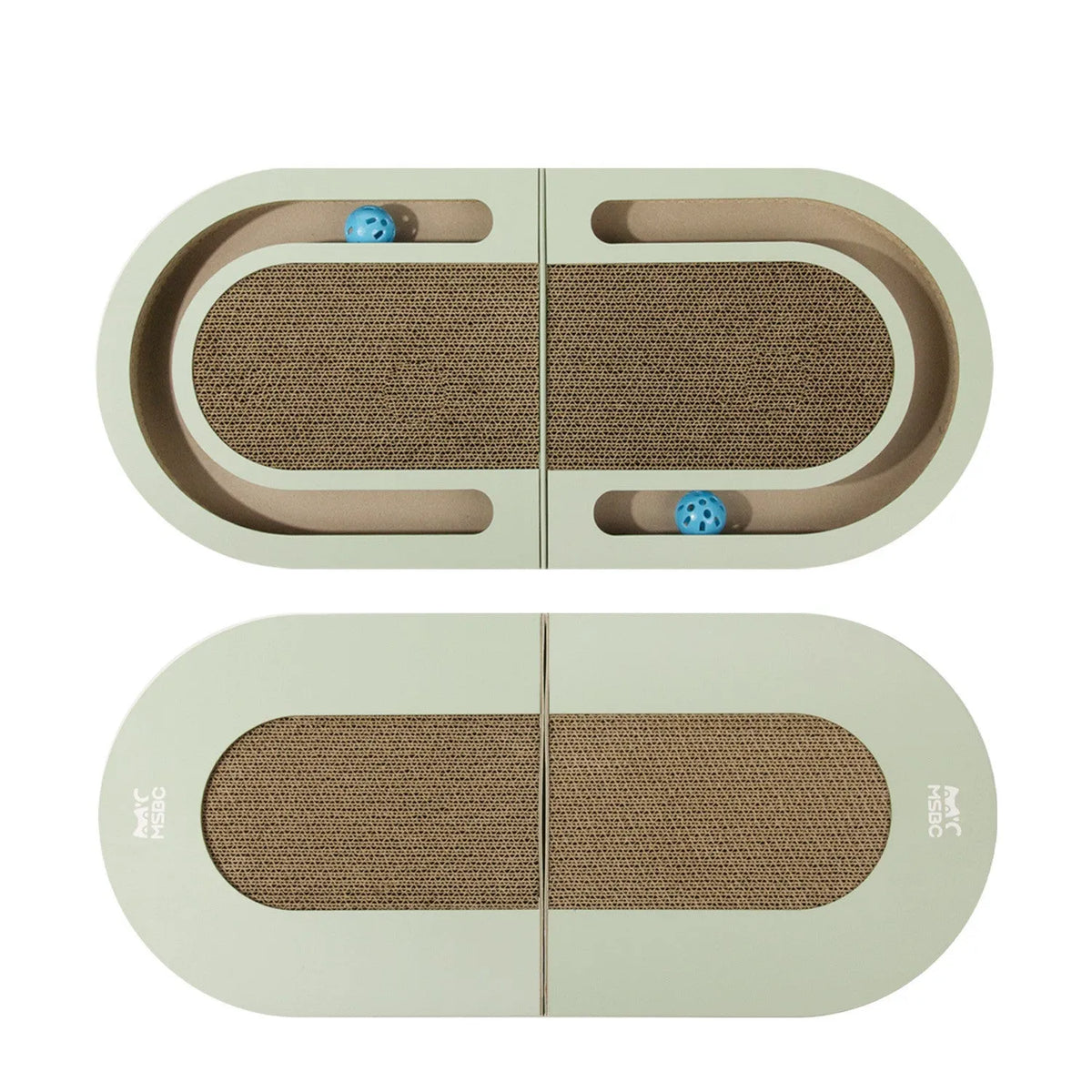 Green corrugated paper folding cat grab board with ball, L660xW300xH42mm