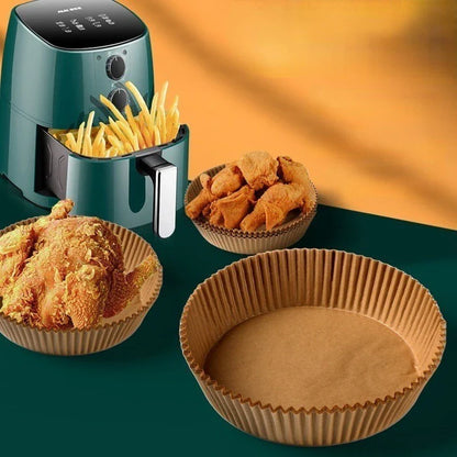 Premium disposable air fryer liners made of heat-resistant parchment paper, designed to keep your appliance clean and make cooking mess-free.