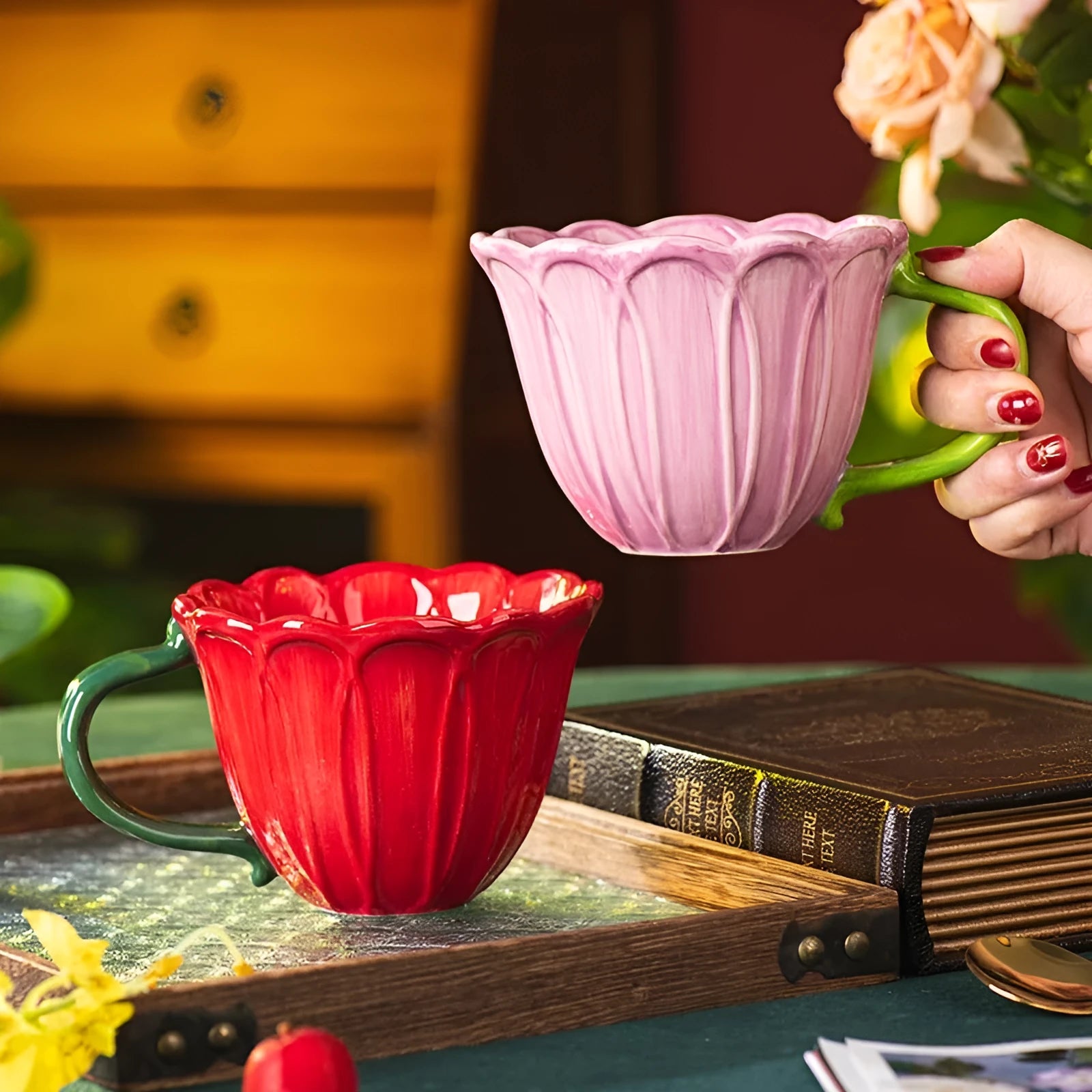 Ceramic breakfast cup with pastoral pattern, 500ml capacity, shown with handle.