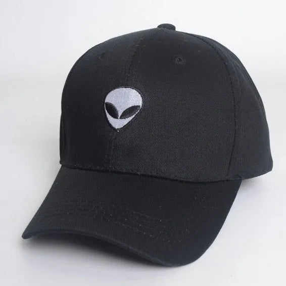 Alien head embroidered baseball cap in black with green label, cotton satin weave, side view