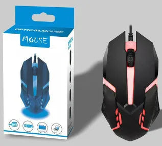 Wired USB mouse with colourful breathing light and 1.2-metre cable on a desk