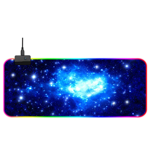 800x300x4mm black gaming mouse pad with four-sided LED lights in blue mode, rubber base, superfine fiber surface for precise mouse tracking