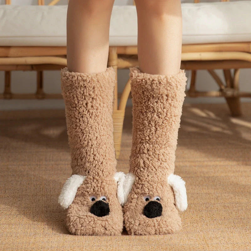 Adorable cartoon dog design plush socks for women, warm and non-slip, perfect for winter.