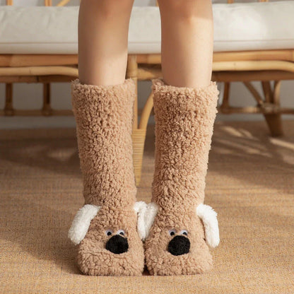 Adorable cartoon dog design plush socks for women, warm and non-slip, perfect for winter.