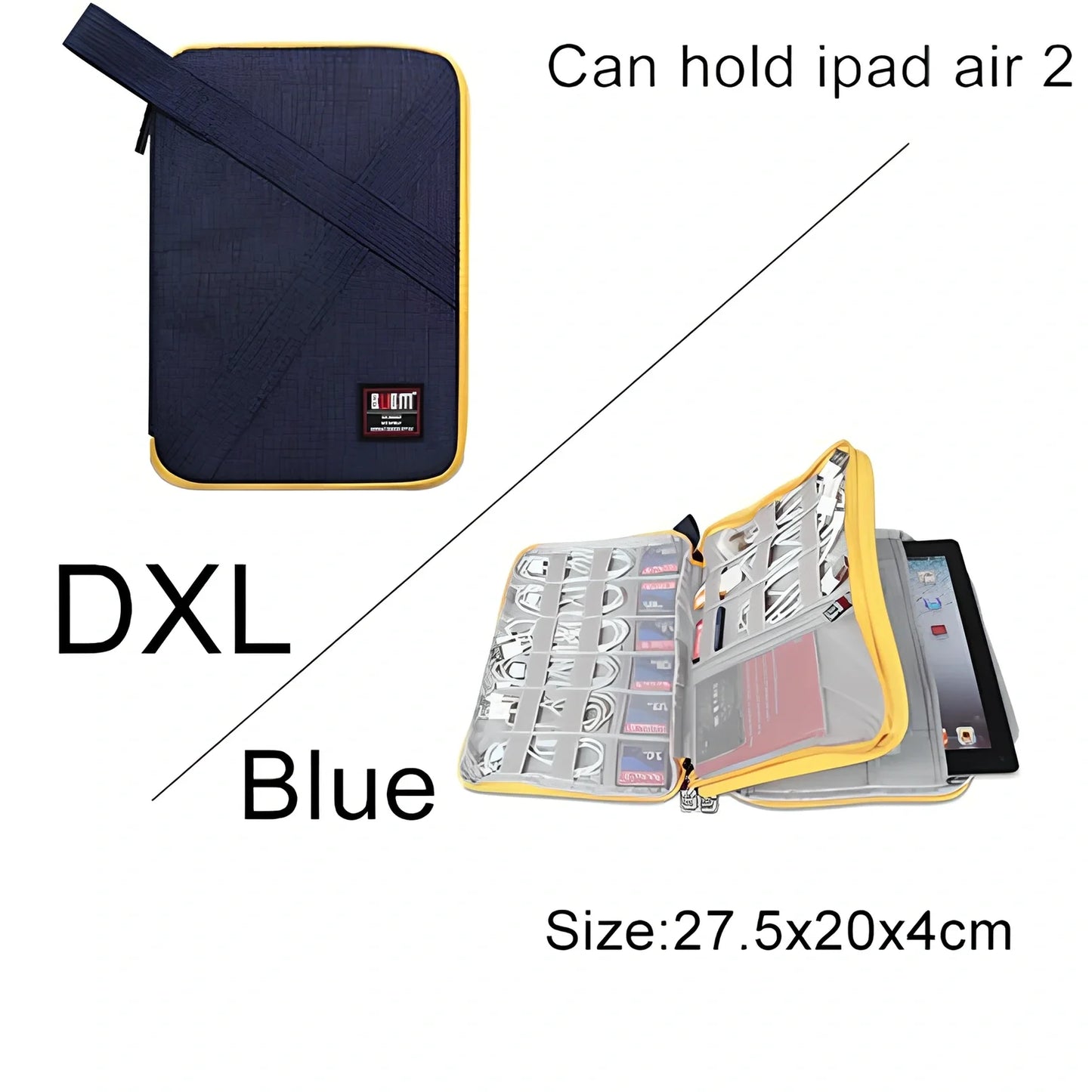 BUBM double-layer XL travel cable organizer in black, with compartments for USB, phone, charger, iPad cables, 25cm x 15cm x 10cm