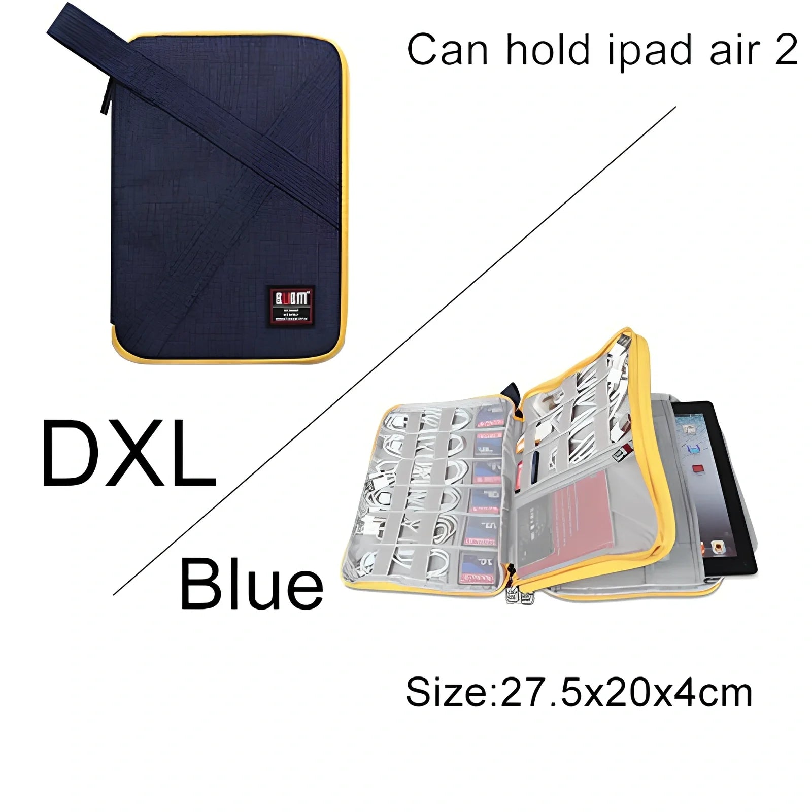 BUBM double-layer XL travel cable organizer in black, with compartments for USB, phone, charger, iPad cables, 25cm x 15cm x 10cm