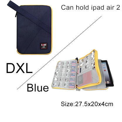 BUBM double-layer XL travel cable organizer in black, with compartments for USB, phone, charger, iPad cables, 25cm x 15cm x 10cm
