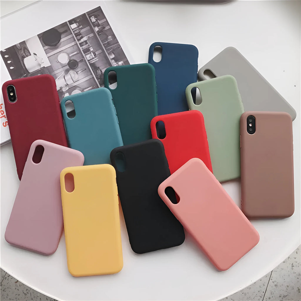 Silicone phone case for iPhone XR and XS Max shown in various solid colours