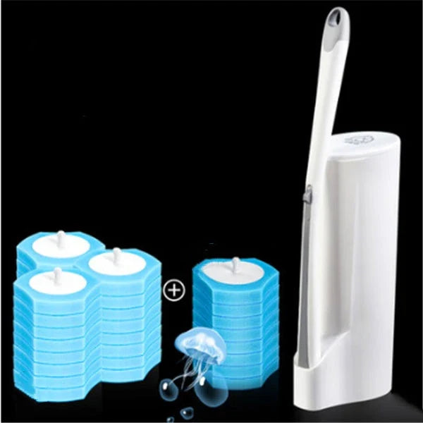 Disposable toilet brush with plastic handle and sponge head for hygienic cleaning