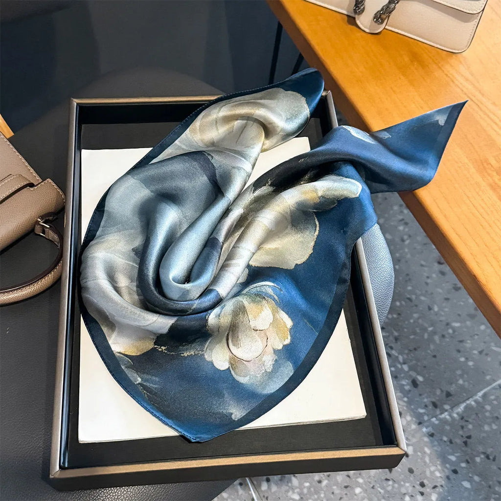 Blue tie-dye mulberry silk square scarf 53x53cm women's Korean-style winter accessory