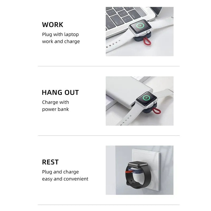 White magnetic wireless charger for Apple Watch with Type-C and USB-A interfaces on a desk