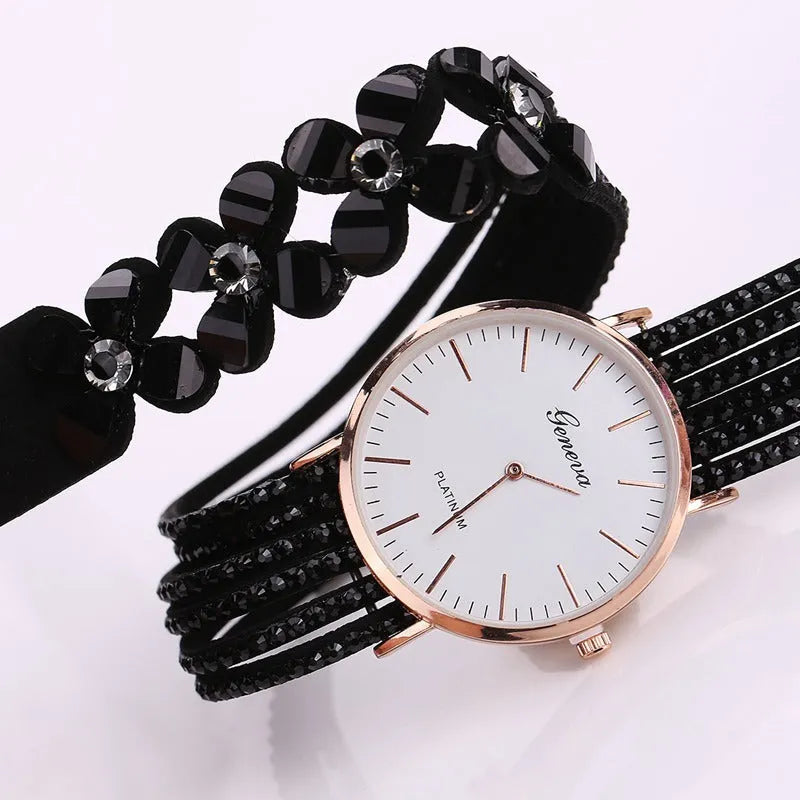 Geneva flowers women's quartz watch with crystal dial, 3.5cm case, bracelet strap, available in black colour