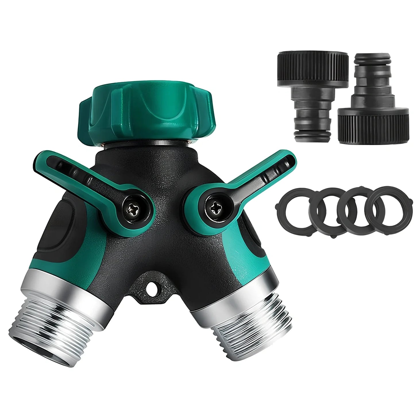 Green Y-type double-pass splitter, 94x91x55mm plastic body with zinc alloy outlets and seals for garden hose connections