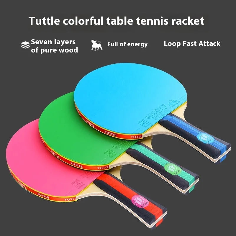 Table tennis racket with a long shakehand grip handle and matching cover, shown in pink, blue, and green colour options.