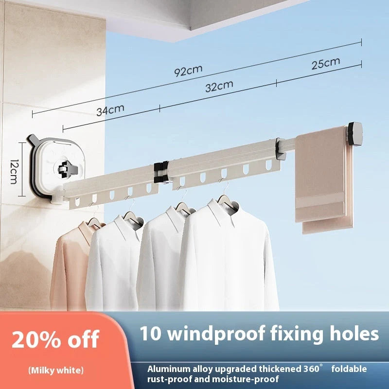 Aluminum retractable clothes drying rack mounted on wall with suction cups