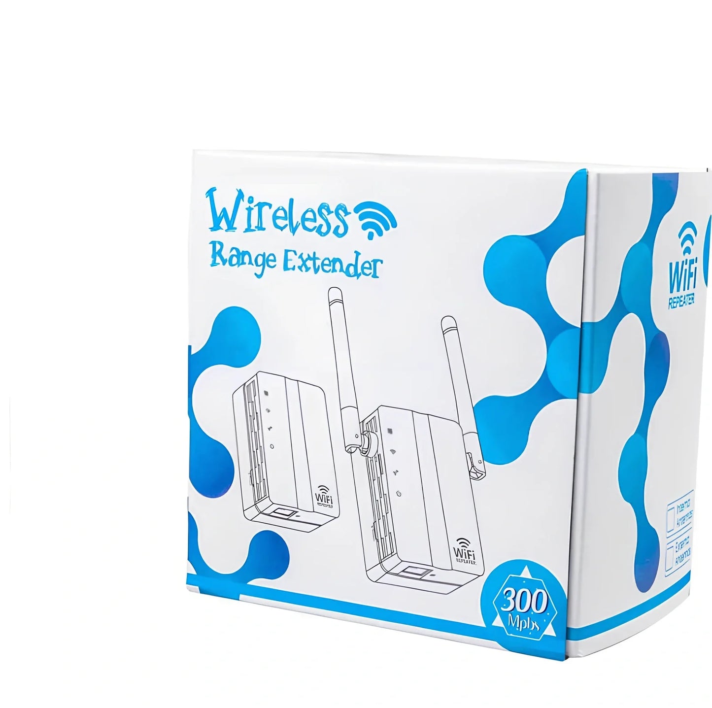 White WiFi signal amplifier measuring 10x9x7cm with 300Mbps speed and 300m range