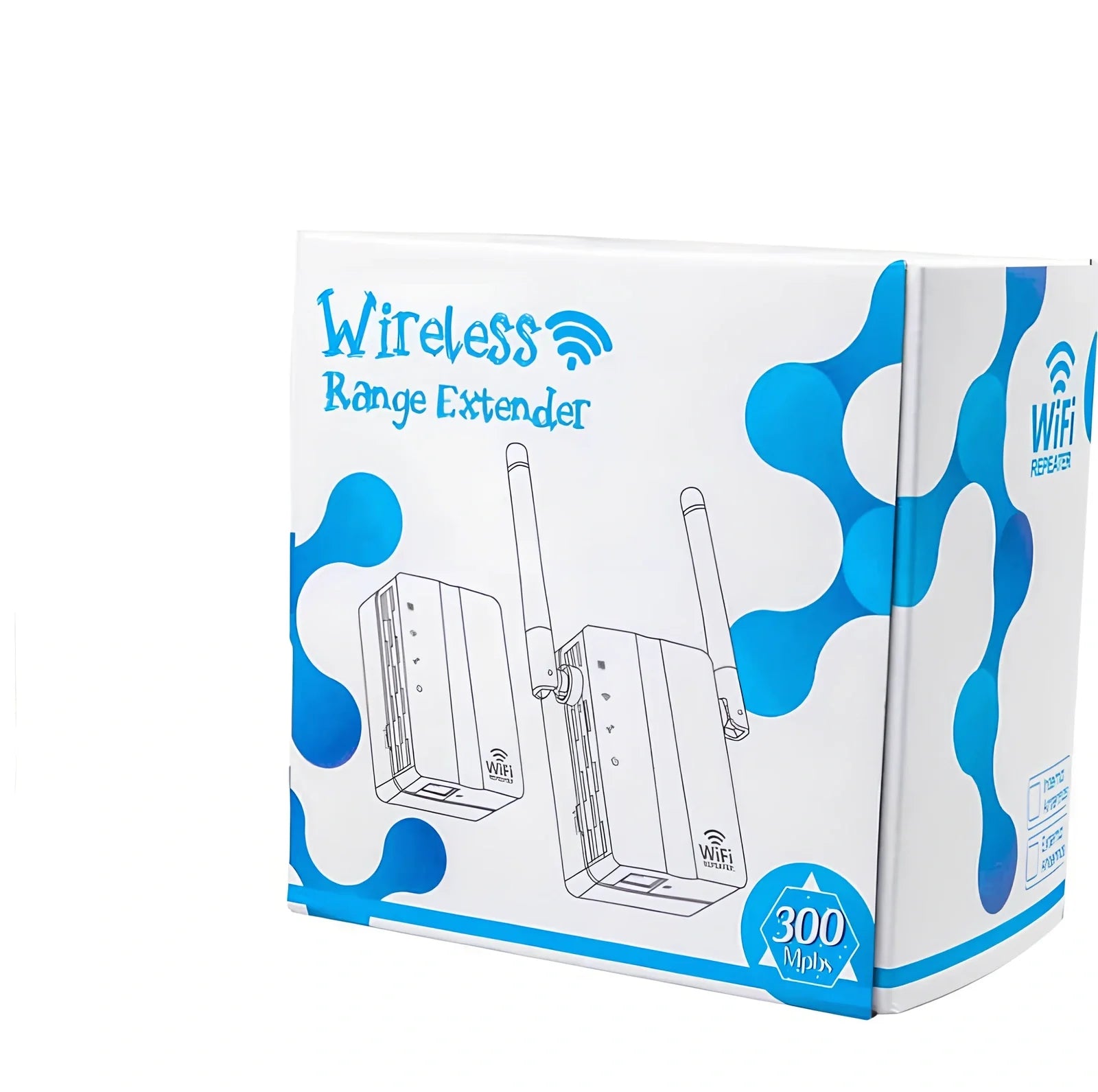 White WiFi signal amplifier measuring 10x9x7cm with 300Mbps speed and 300m range