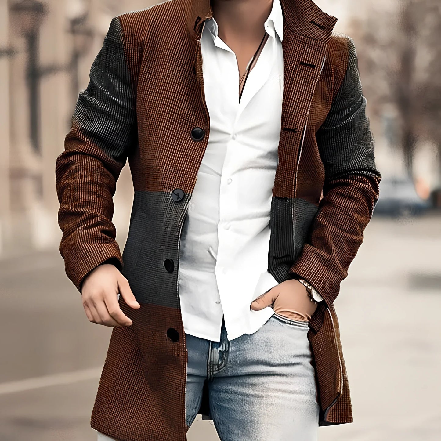 Youth slim casual cotton windbreaker jacket in blue or brown, sizes M-4XL with 83-88cm length and 110-130cm bust measurements