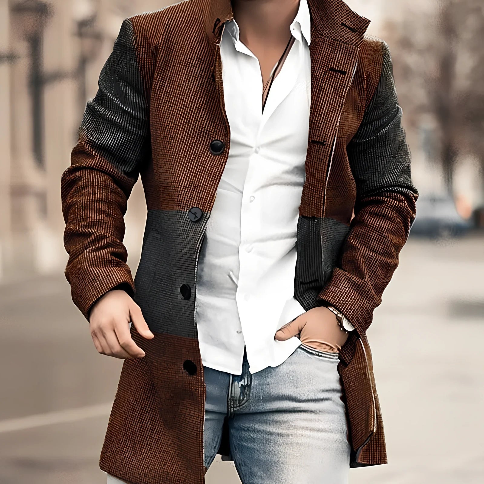 Youth slim casual cotton windbreaker jacket in blue or brown, sizes M-4XL with 83-88cm length and 110-130cm bust measurements