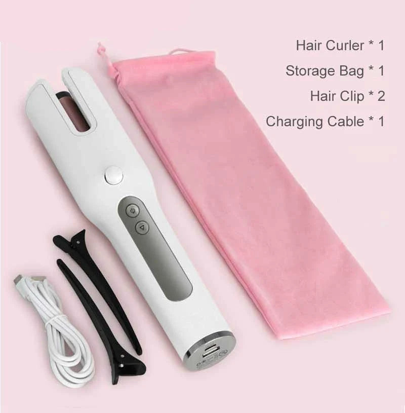 Wireless Automatic Curler with USB LCD Screen and Ceramic Heating in Pink and White