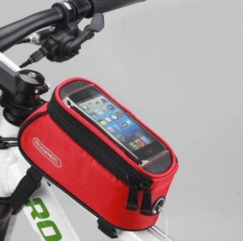 Waterproof PVC bicycle frame bag for iPhone storage in black, mounted on bike frame