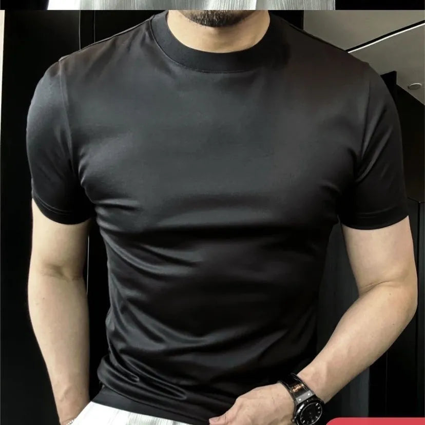 Ice Silk soft breathable round neck short sleeve T-shirt for men in black, dark gray, and light gray, sizes M to 4XL
