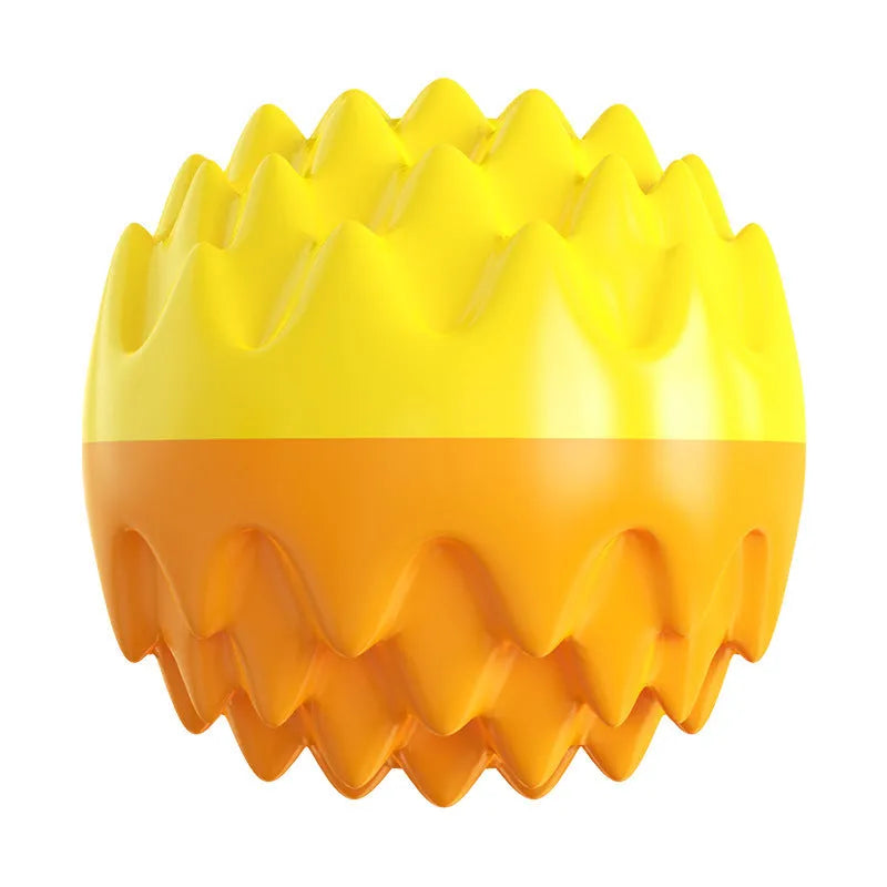 Blue and orange squeaky rubber dog ball with spiky dental cleaning texture