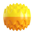 Blue and orange squeaky rubber dog ball with spiky dental cleaning texture