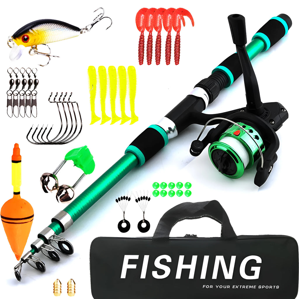 Children's fishing rod set with pole and reel in blue, green, red, or yellow colours for beginner anglers