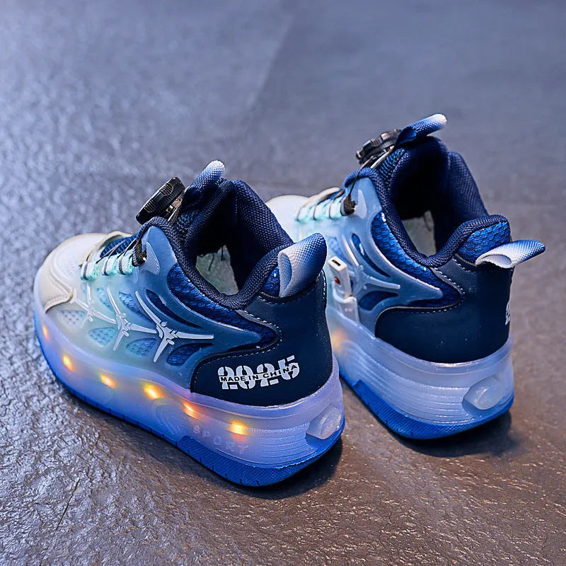 Blue children's knob roller skates with striped pattern and rotating button closure.