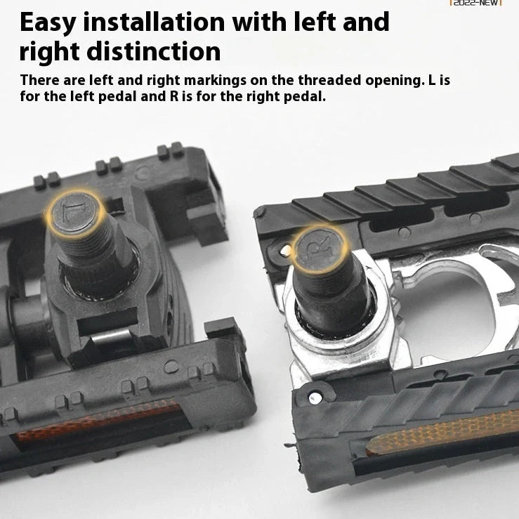 Aluminium alloy folding bike pedals showing extended and folded positions with colour pairing options