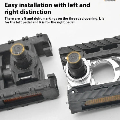 Aluminium alloy folding bike pedals showing extended and folded positions with colour pairing options