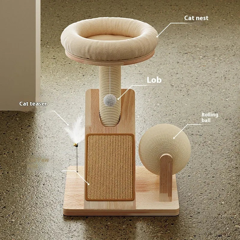 Small cat climbing frame made of sisal rope in jute colour, serving as a scratch board