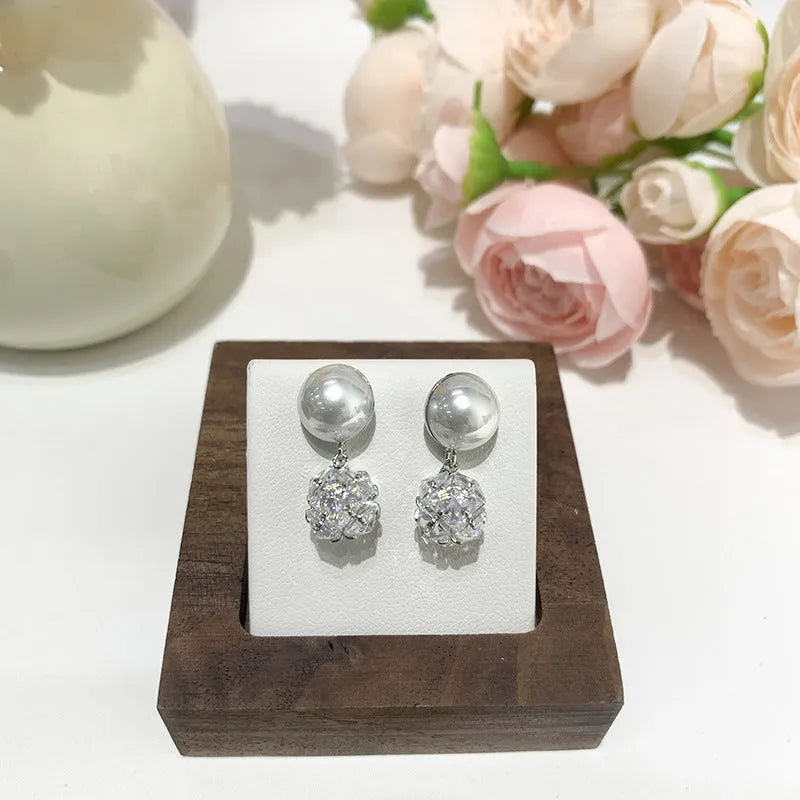 Micro inlaid square diamond pearl stud earrings for women in gold finish
