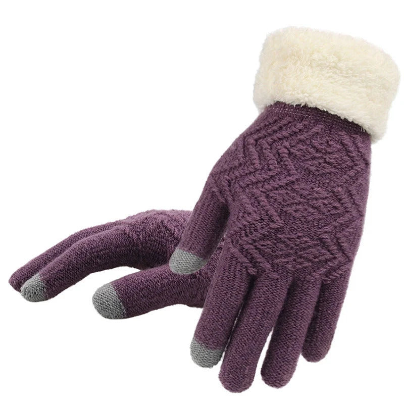 Women's winter knitted gloves in Jacquard design, available in purple, pink, grey, and black