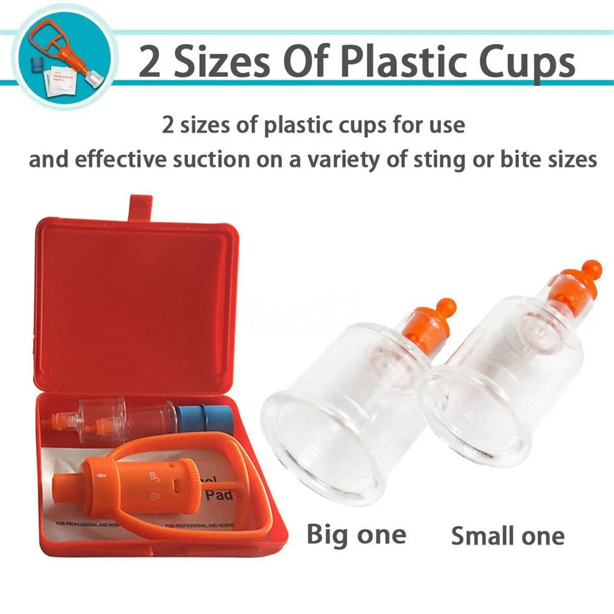 Orange portable first aid suction device for venom extraction, shown with two suction cups, a tourniquet, and swabs.