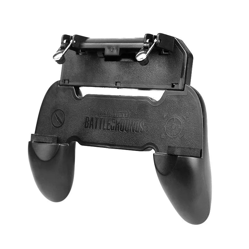Black mobile phone plug-in gaming handle attached to a phone for physical control.
