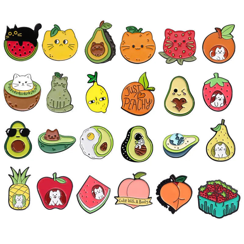 Colourful cartoon fruit and letter design metal brooch with pin fastener.