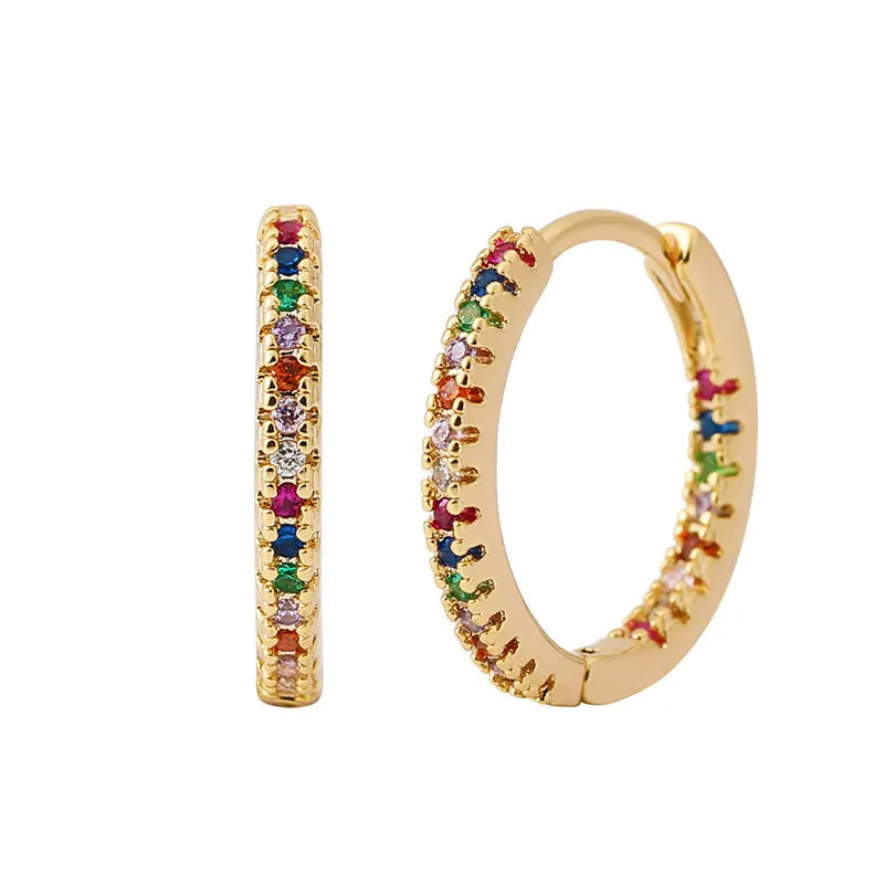Circle clip-on earrings with multicolour zircon stones, copper base with gold plating, geometric round shape