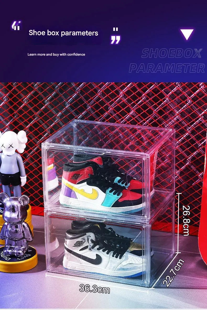 Transparent acrylic shoe storage box with magnetic side door showing shoe inside