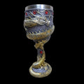 Red and gold stainless steel wine glass with 3D Chinese dragon resin design, 200ml capacity.