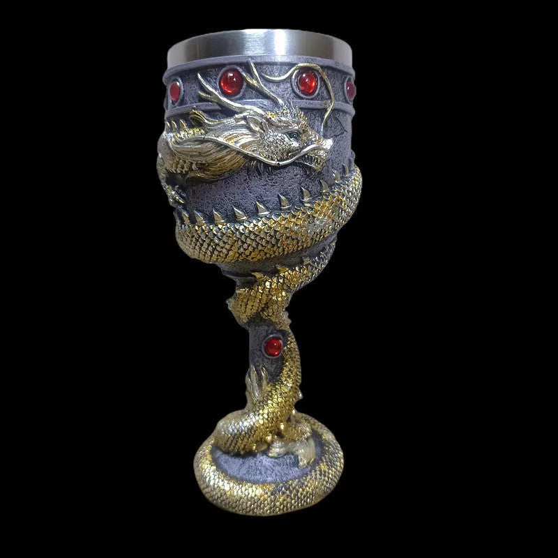 Red and gold stainless steel wine glass with 3D Chinese dragon resin design, 200ml capacity.