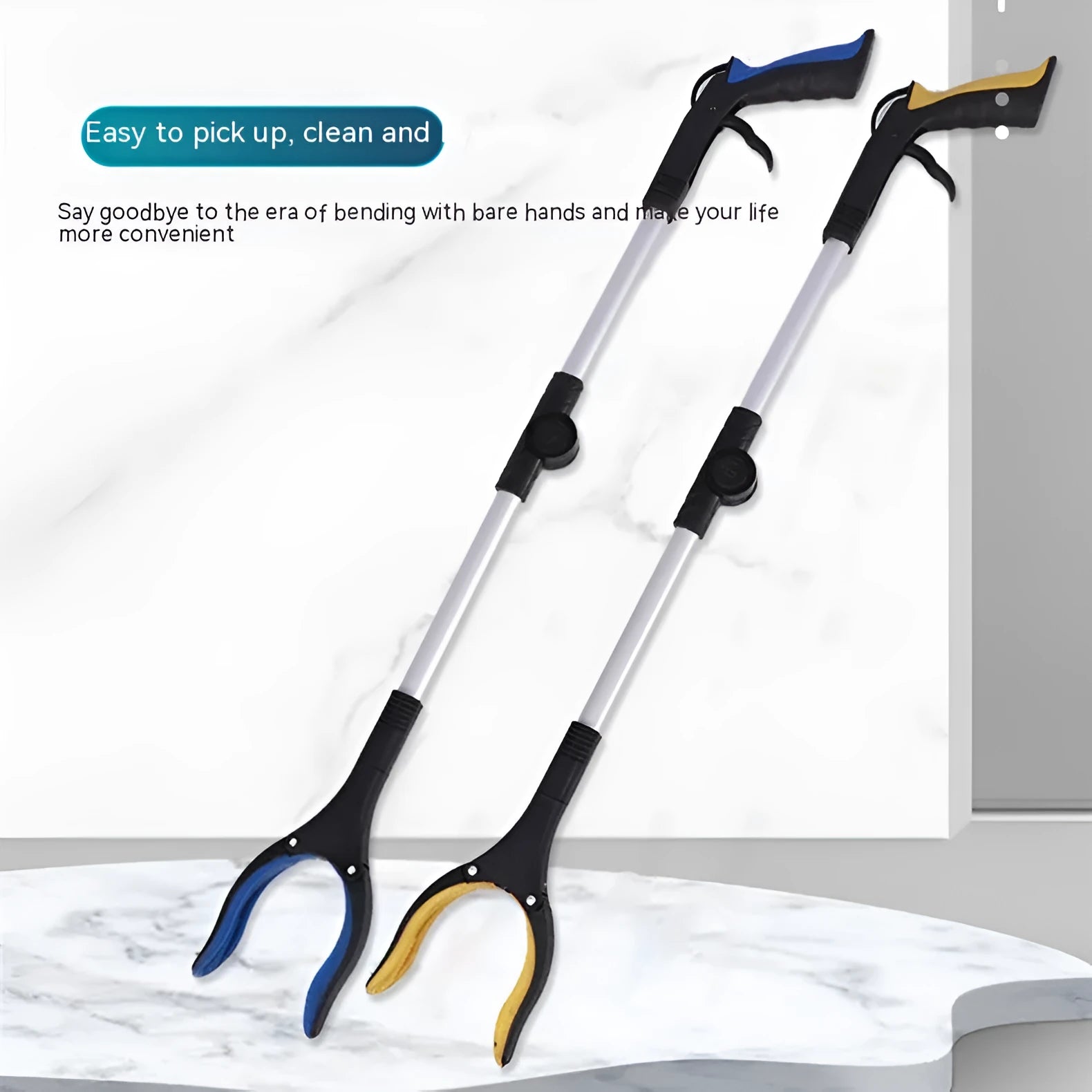 Foldable aluminium rubbish grabber with magnet, shown extended and in blue, orange, and yellow handle colours.